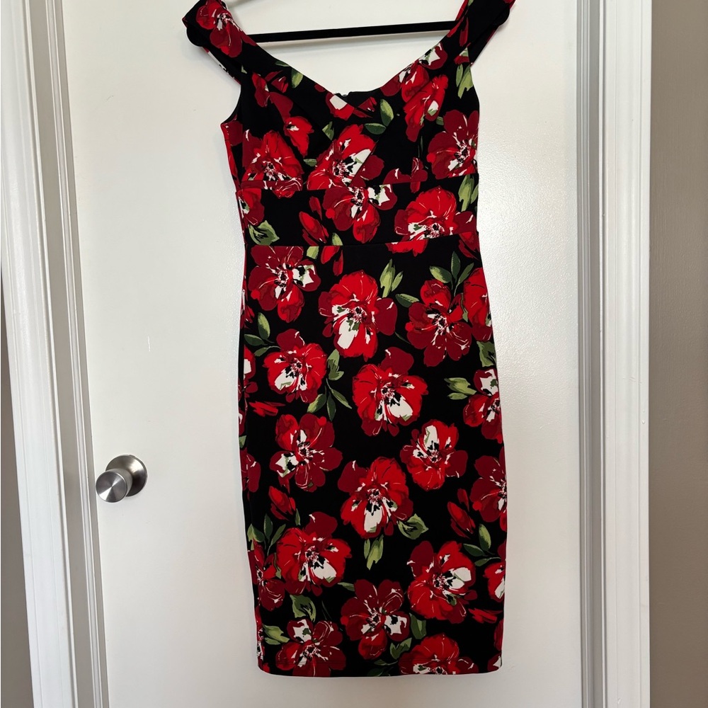 Premier Black Midi Dress with Red Floral Print